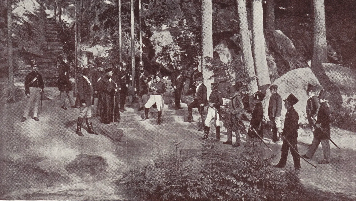 historisches Foto in schwarz und weiß einer alten Aufführung von Soldaten